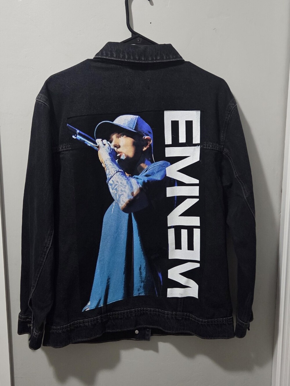 Universal Thread Black Denim Jacket with Blue Graphic and White Text